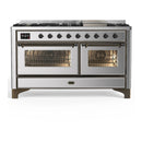 ILVE Majestic III 60-inch Dual Fuel Range with 5 Liquid Propane Burner, Griddle and Triple Glass Door Electric Oven in Stainless Steel with Burnished Trim (UM60FNR3SSBLP)