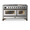 ILVE Majestic III 60-inch Dual Fuel Range with 5 Liquid Propane Burner, Griddle and Triple Glass Door Electric Oven in Stainless Steel with Burnished Trim (UM60FNR3SSBLP)