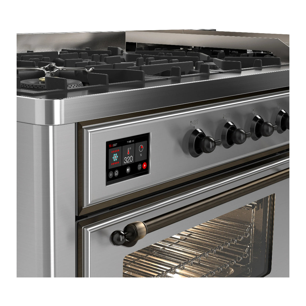 Stainless steel range with control panel knobs and open oven door showing wire racks.