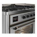 ILVE Majestic III 60-inch Dual Fuel Range with 7 Natural Gas Burner, Griddle and Triple Glass Door Electric Oven in Stainless Steel with Burnished Trim (UM60FNR3SSB)