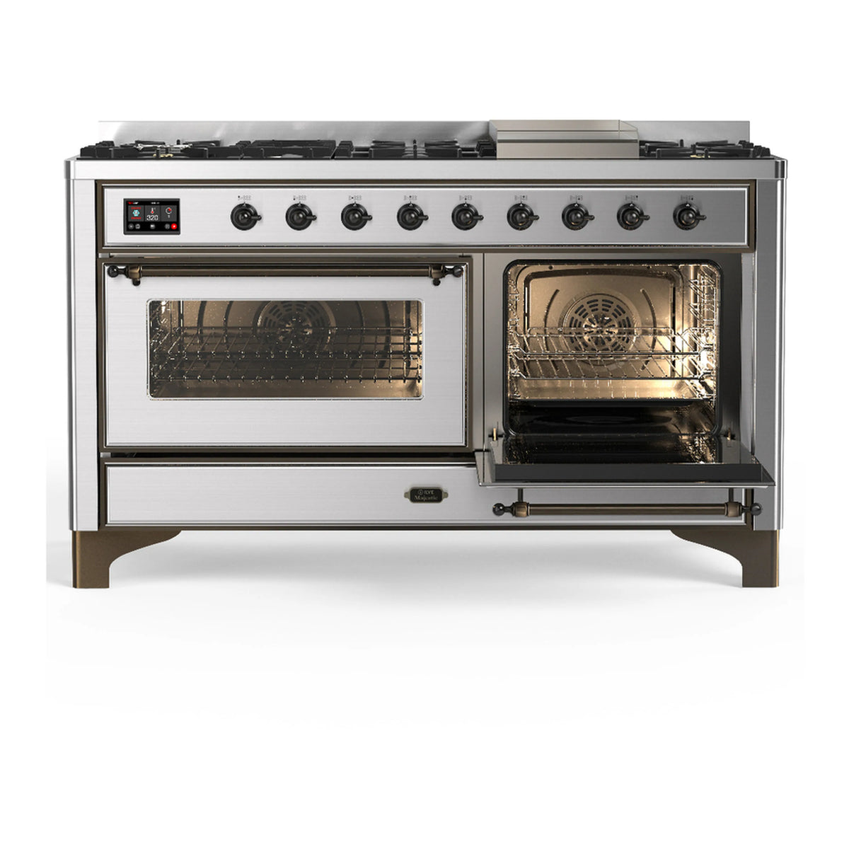 Stainless steel dual fuel range with one oven open and the other closed, front controls shown.