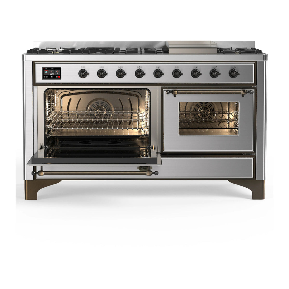 Stainless steel dual fuel range with left oven open and right oven door closed, racks visible.