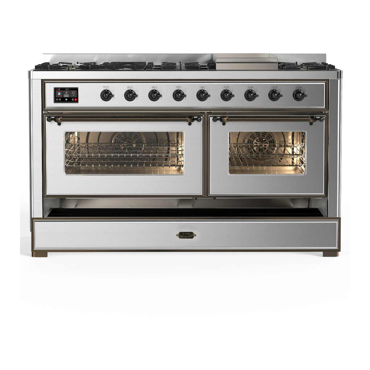 Stainless steel dual fuel range with both oven doors closed, front handles and knobs visible.