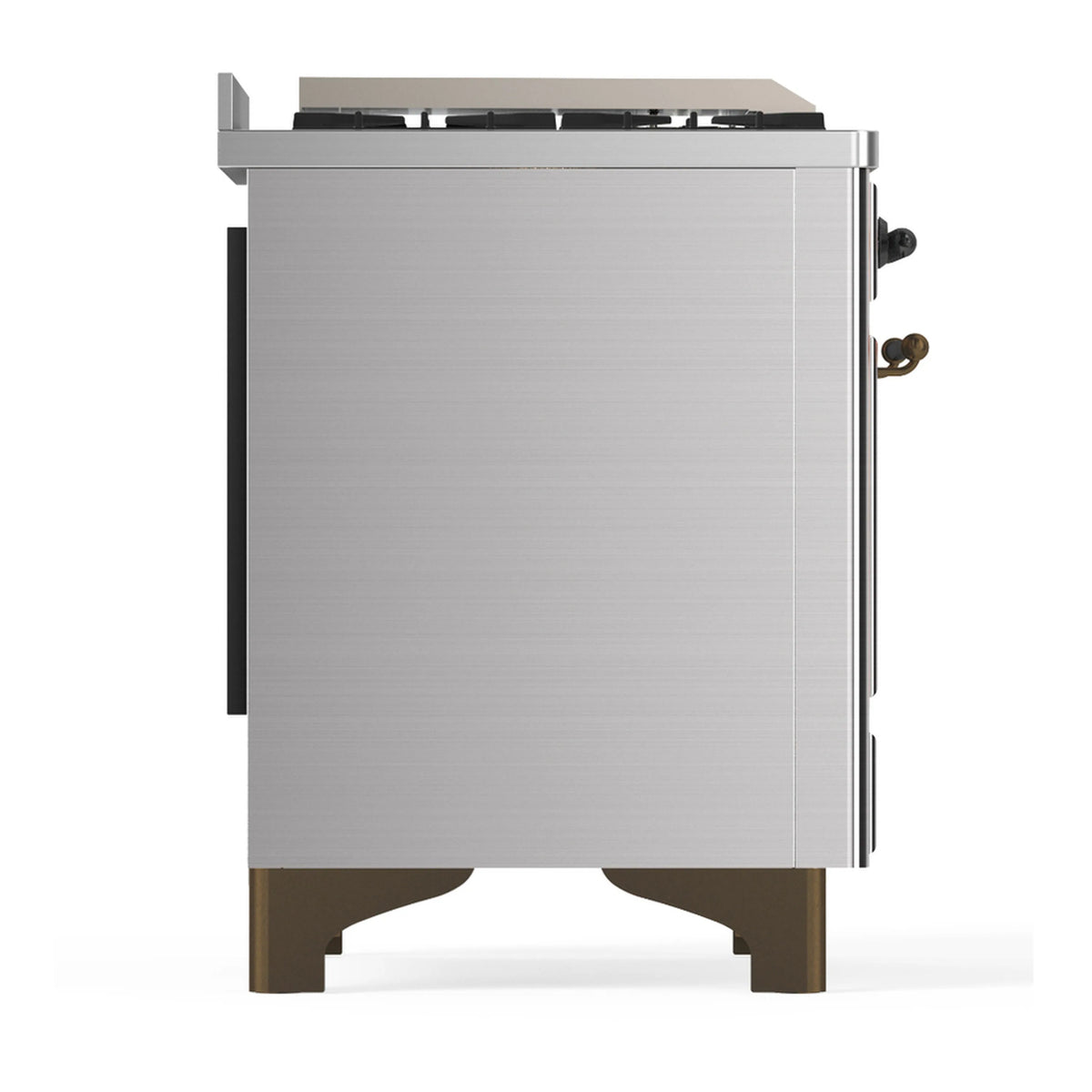 Stainless steel range side panel with built-in handles and rear section edge visible.