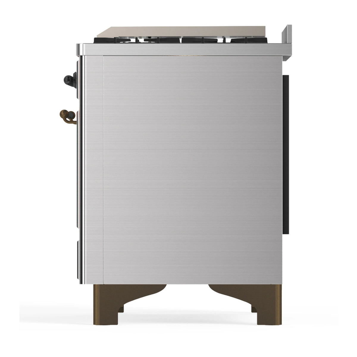 Stainless steel dual fuel range back and side panels with handles and corner feet visible.