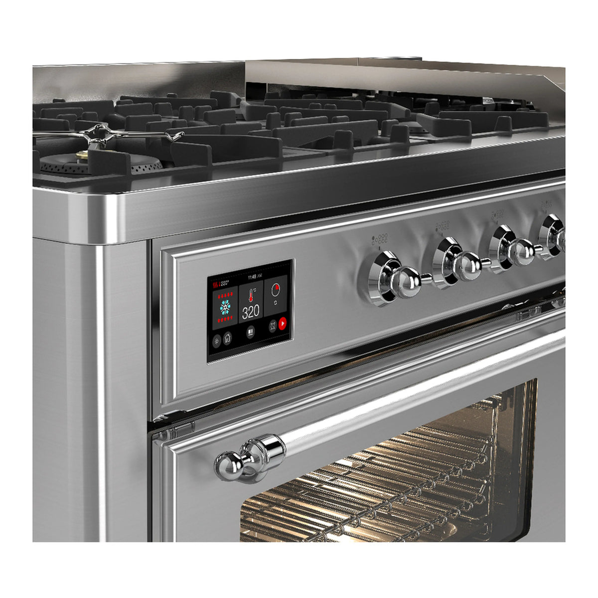 Stainless steel dual fuel range close-up of control panel and oven door handle