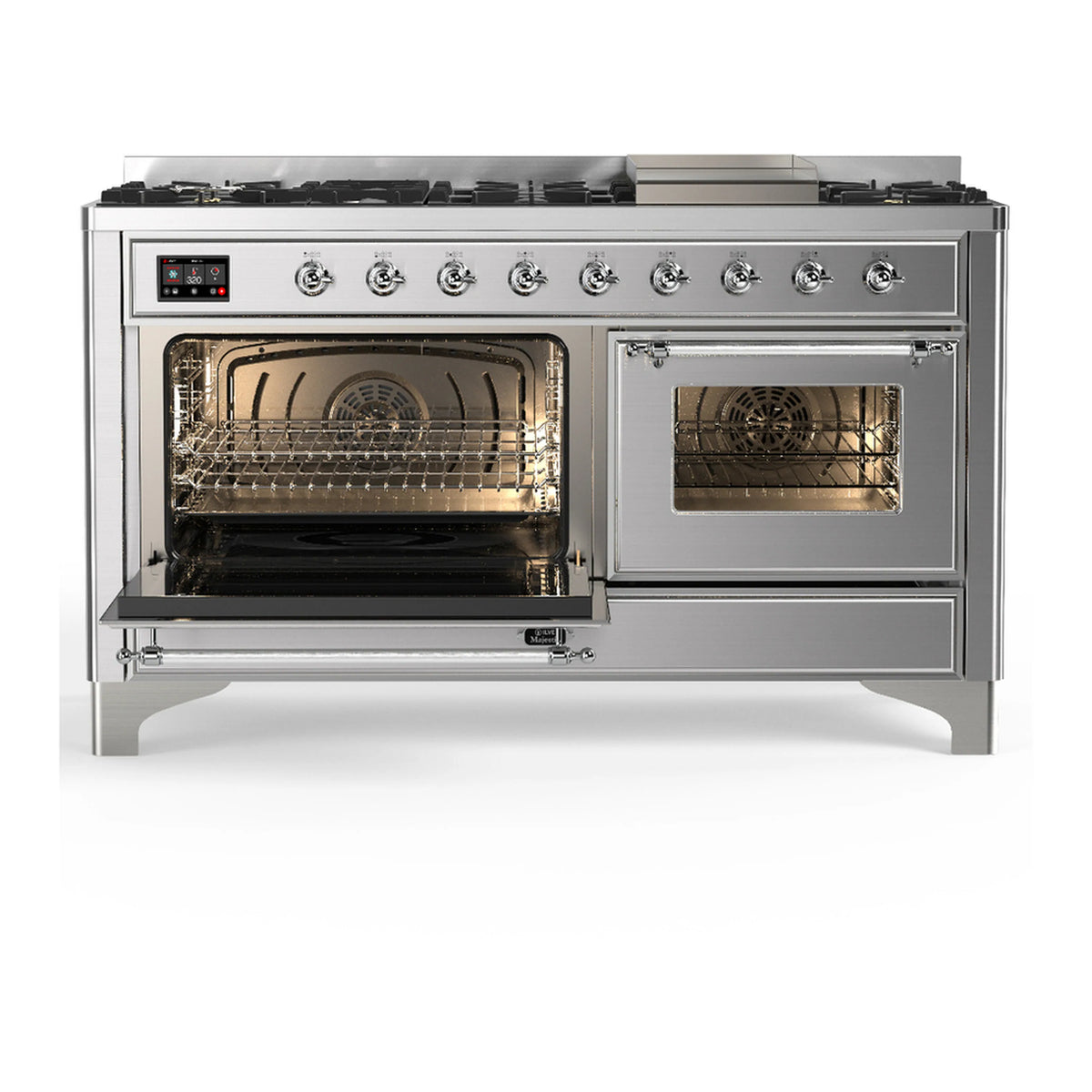 Stainless steel dual fuel range with both ovens open, showing racks and fan