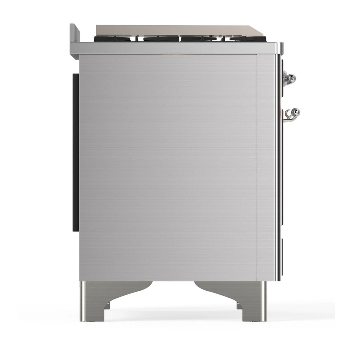 Stainless steel dual fuel range side view with back panel and control-side hardware