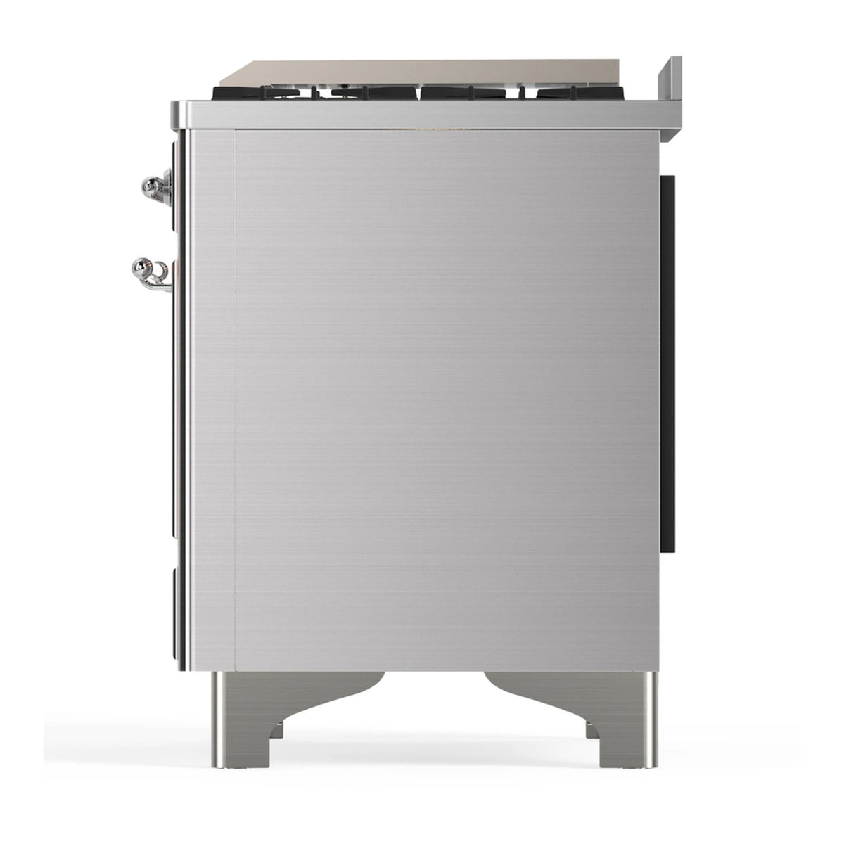 Stainless steel dual fuel range rear-side view with rear panel and legs