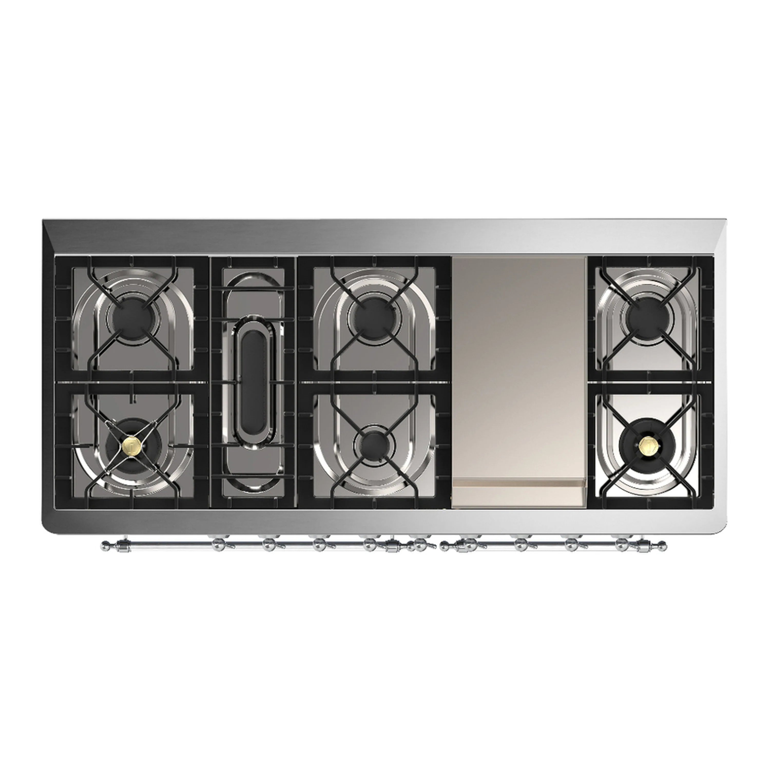 Dual fuel range cooktop with exposed burner grates and black burner caps