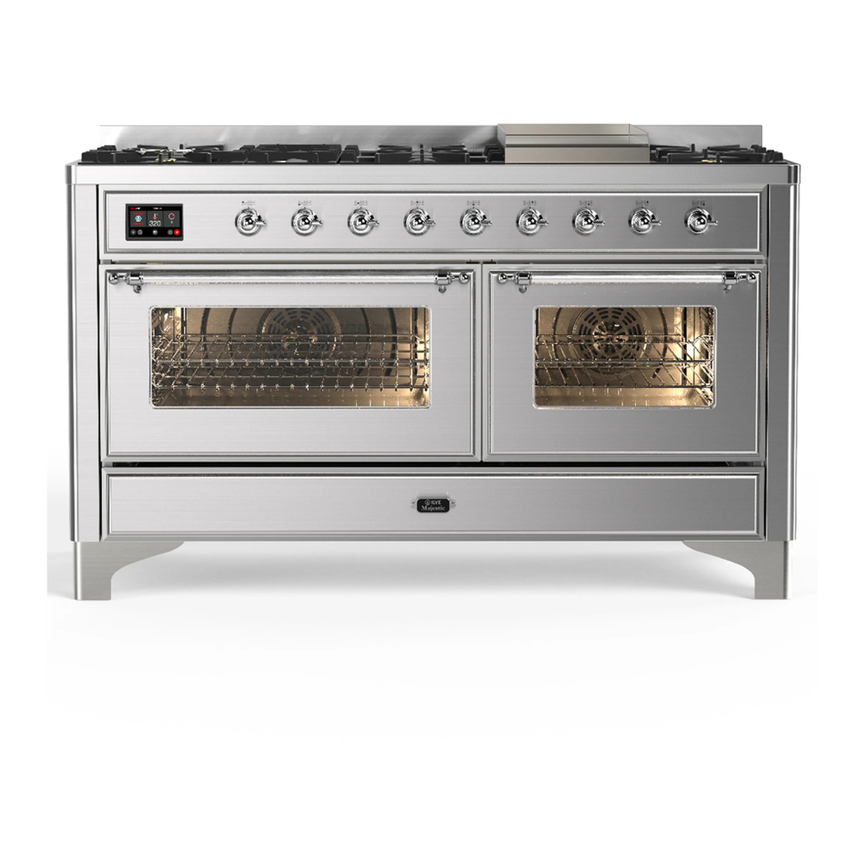 Stainless steel dual fuel range with closed twin oven doors and chrome control panel
