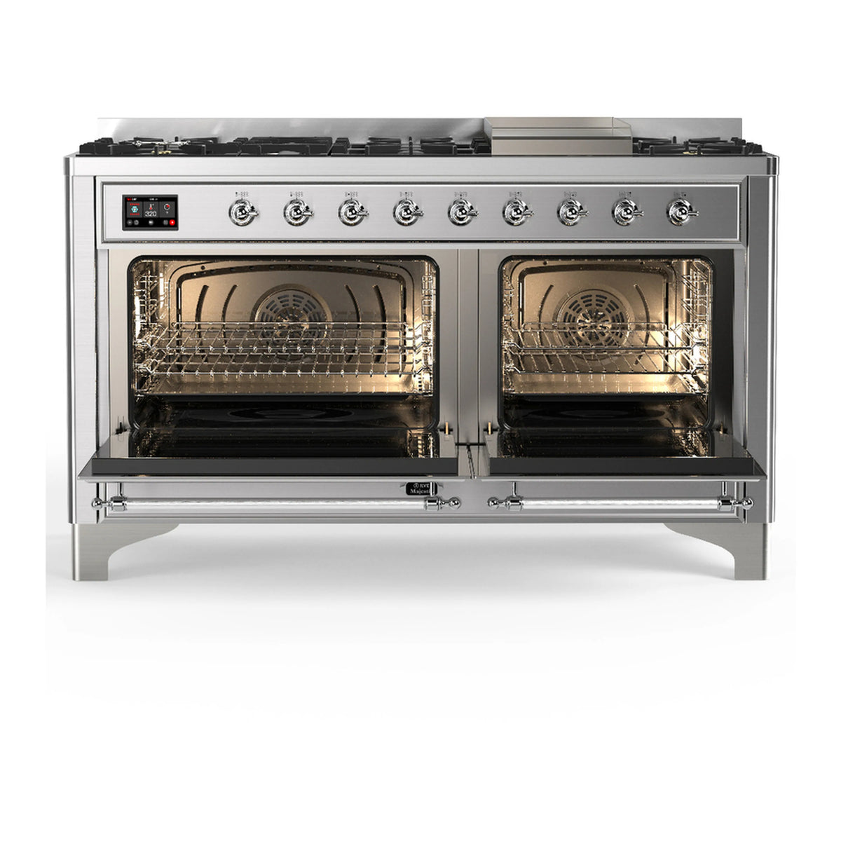 Stainless steel range with two open ovens, lit racks, and control knobs across the front