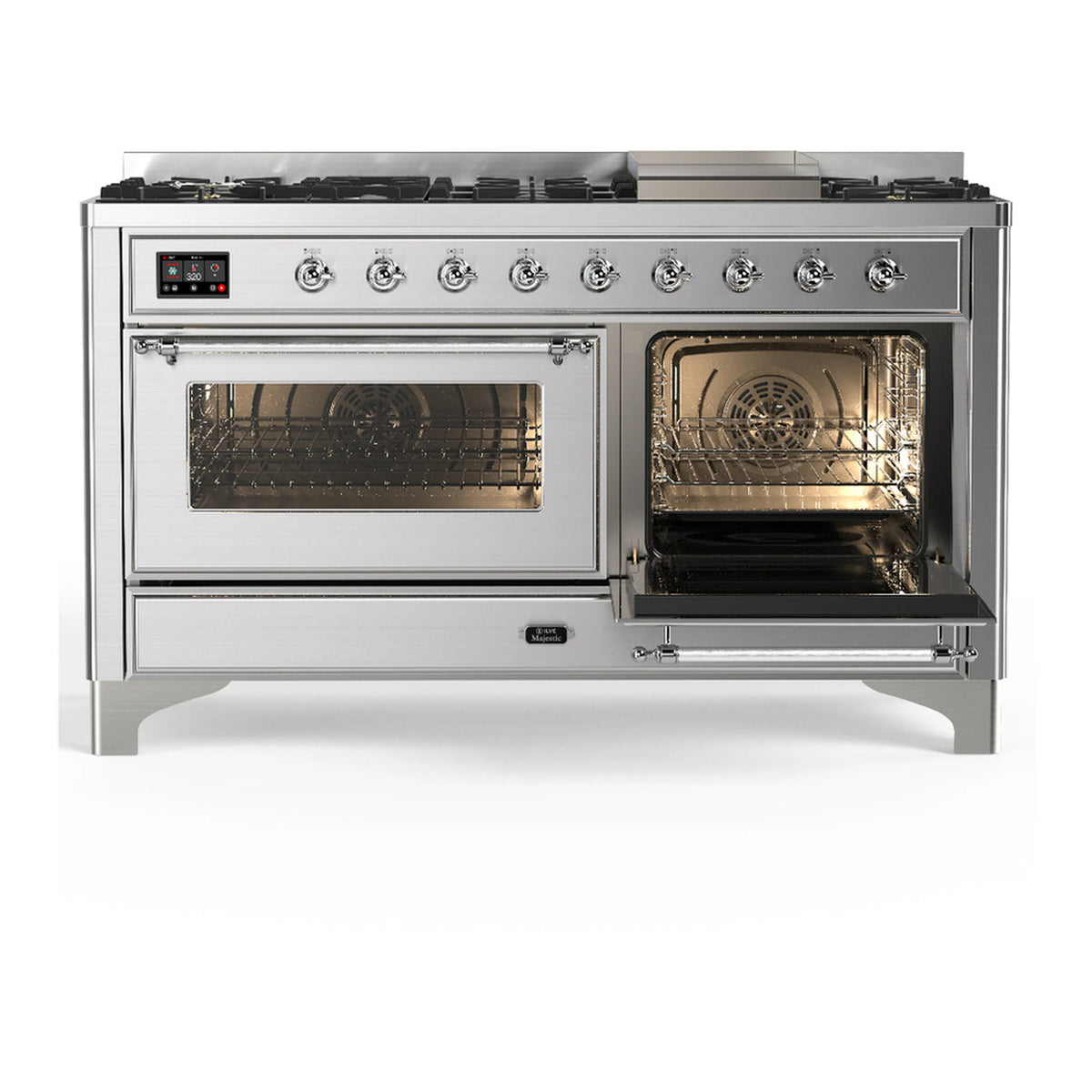 Stainless steel dual oven range with both oven doors open and interior racks visible