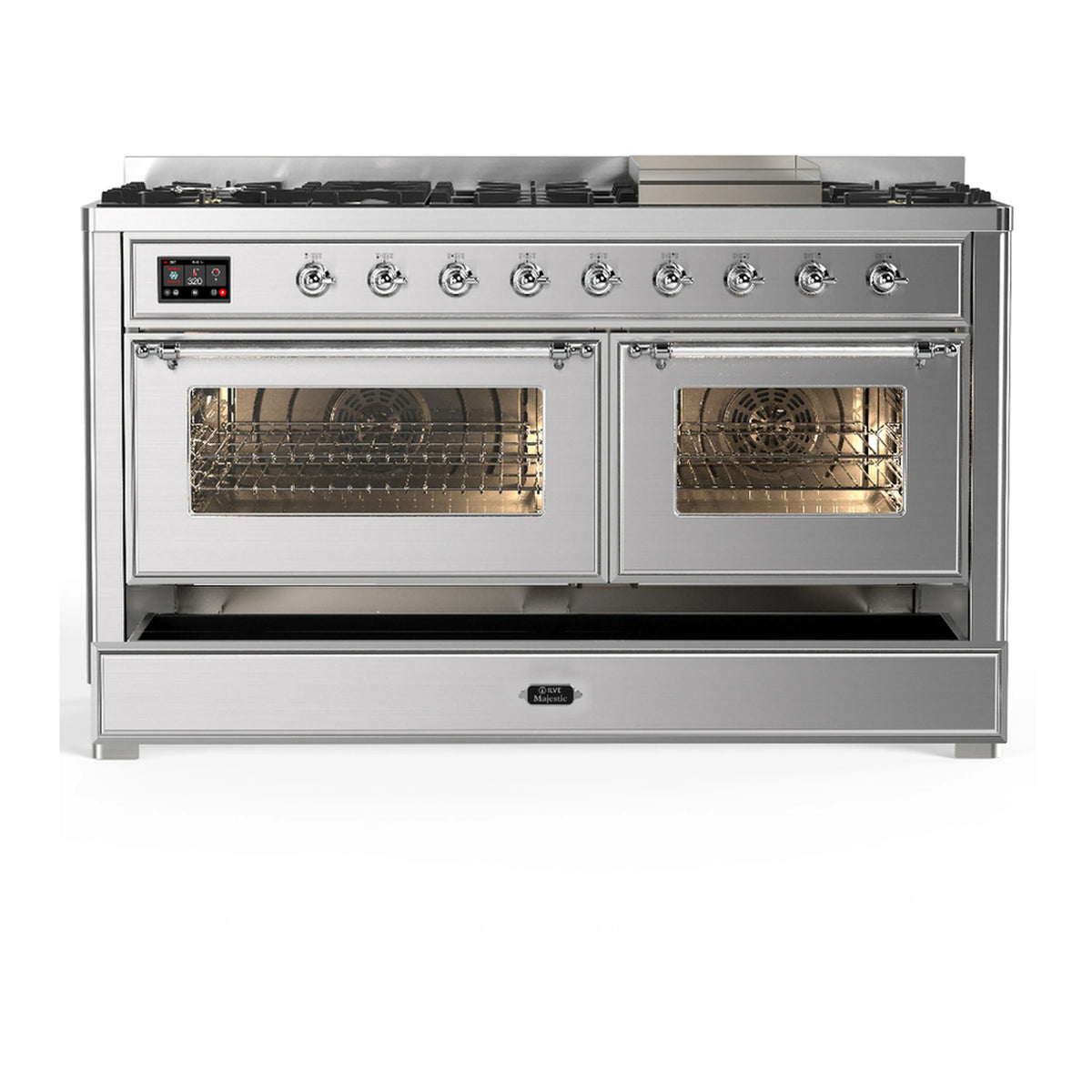 Stainless steel range with two oven doors open, glass windows, and metal oven racks