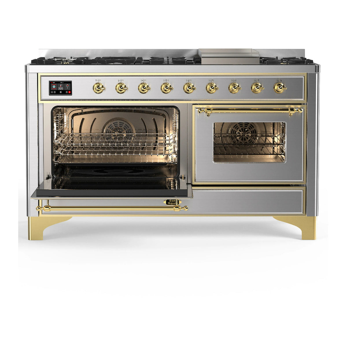 Stainless steel dual fuel range with oven doors open, brass handle trim