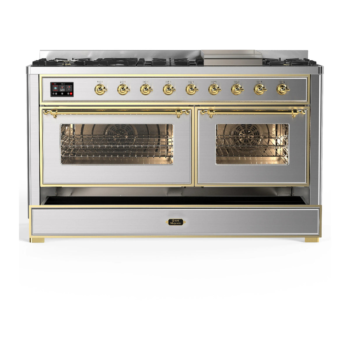 Stainless steel dual fuel range with two ovens open and front storage drawer
