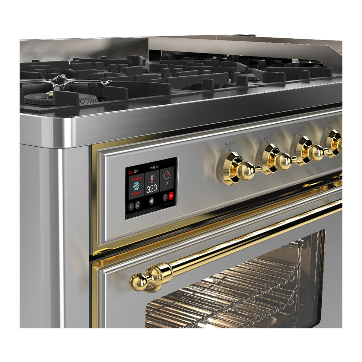 Stainless steel dual fuel range with brass trim, control panel, and open oven door