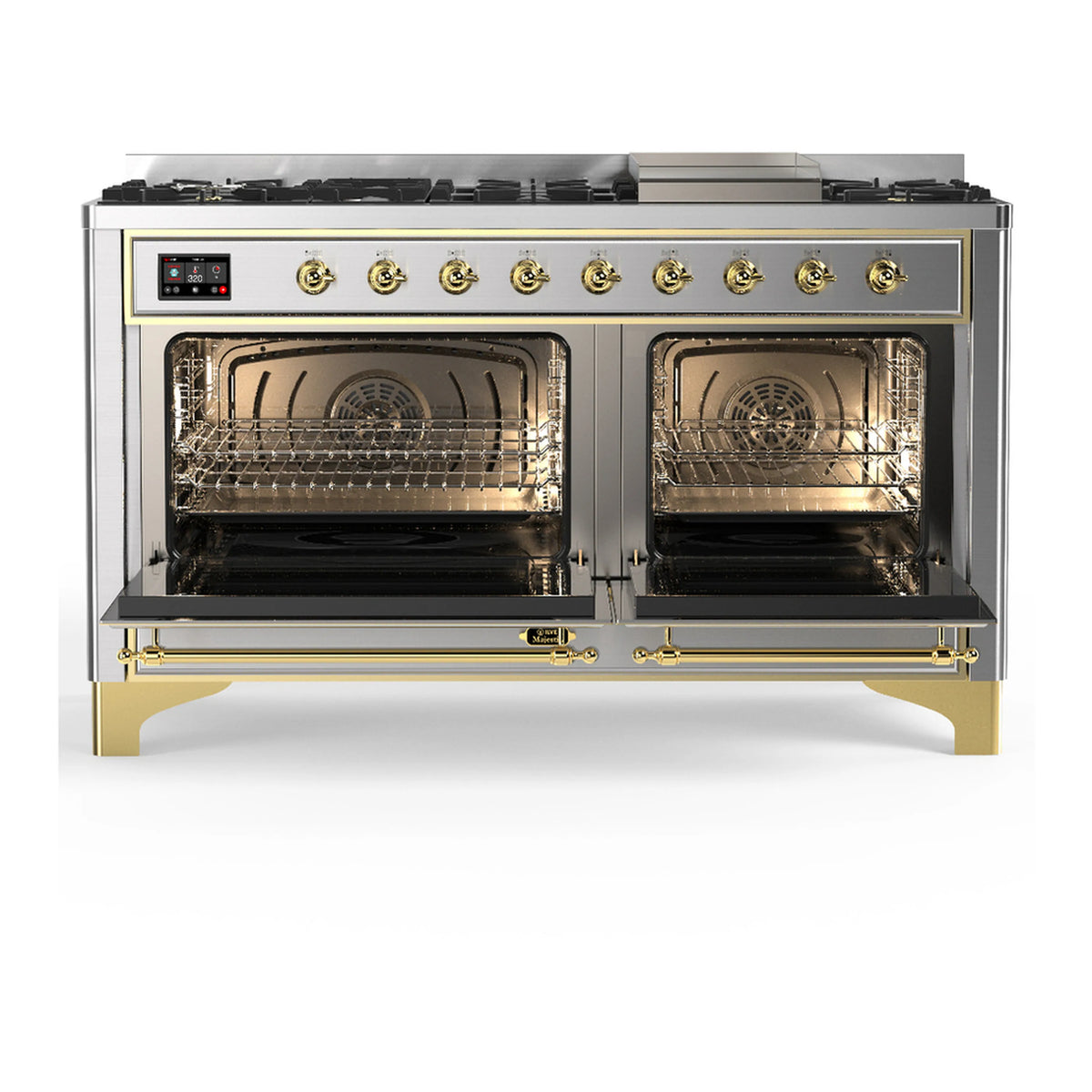 Stainless steel dual fuel range with brass trim, two open electric oven doors