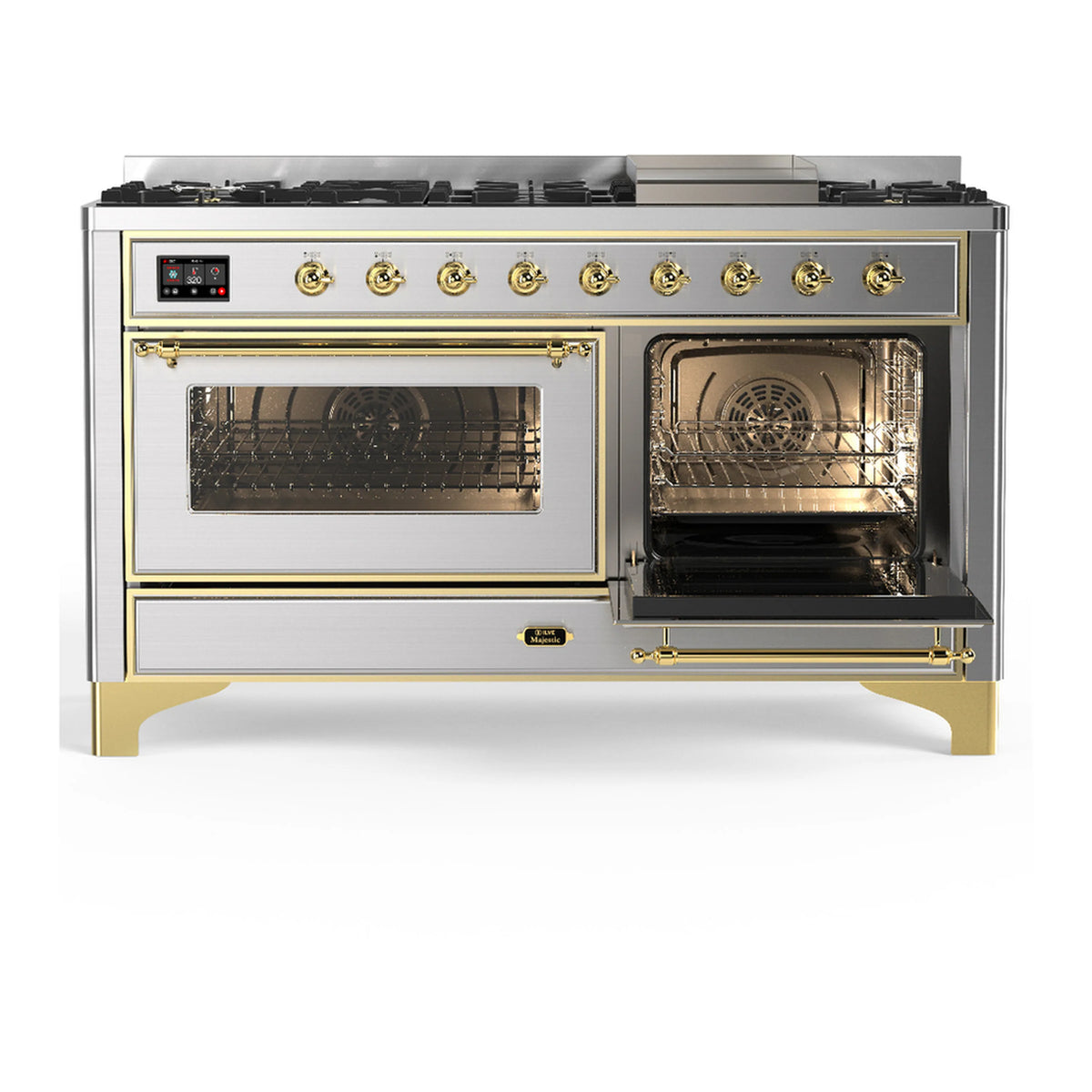 Stainless steel dual fuel range with brass trim, open ovens and control knobs