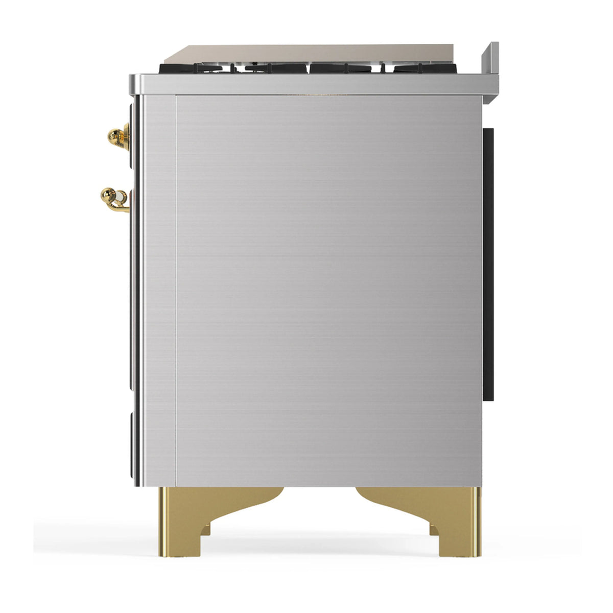 Stainless steel dual fuel range side view with brass trim and brass feet