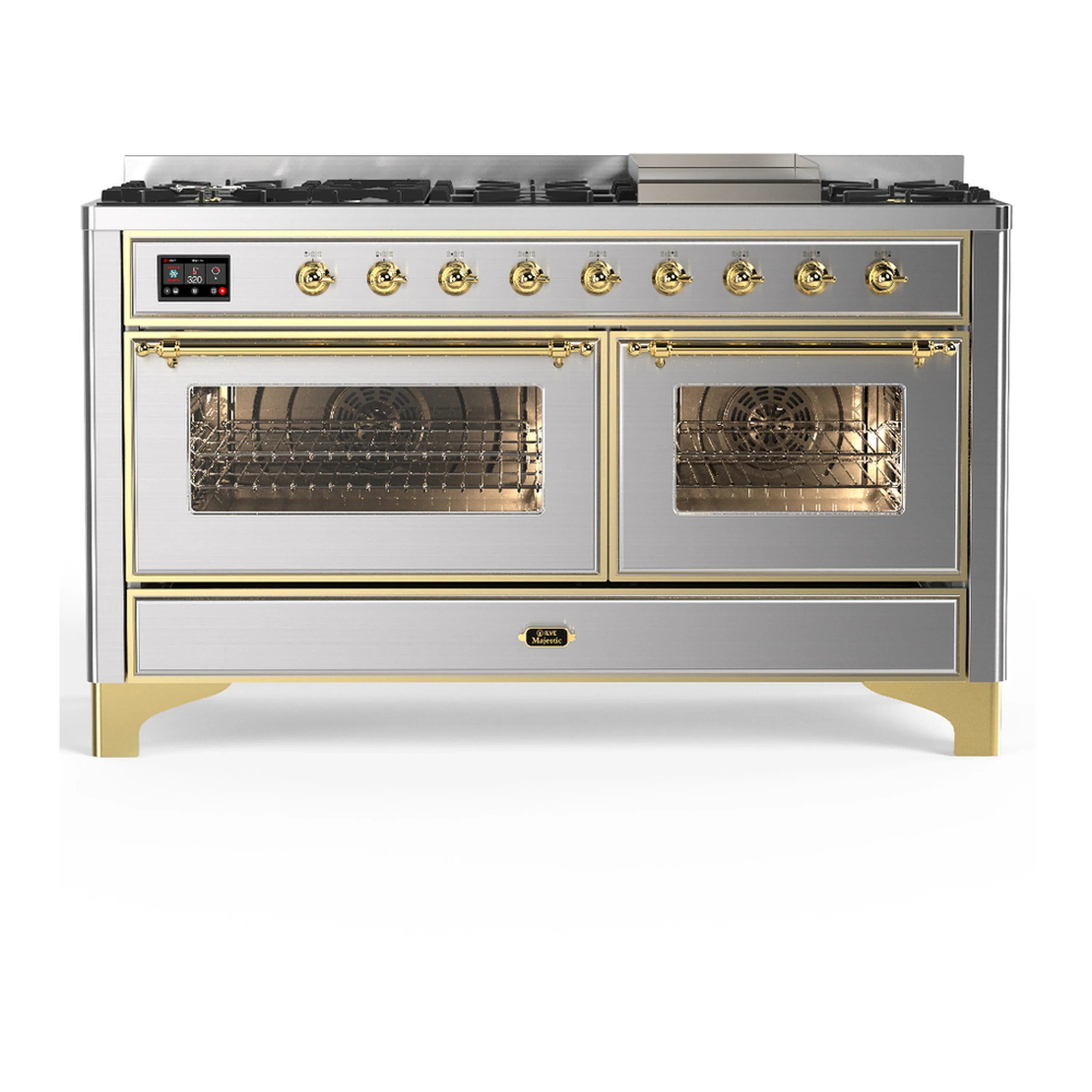 Stainless steel dual fuel range with brass trim, two open ovens and front controls