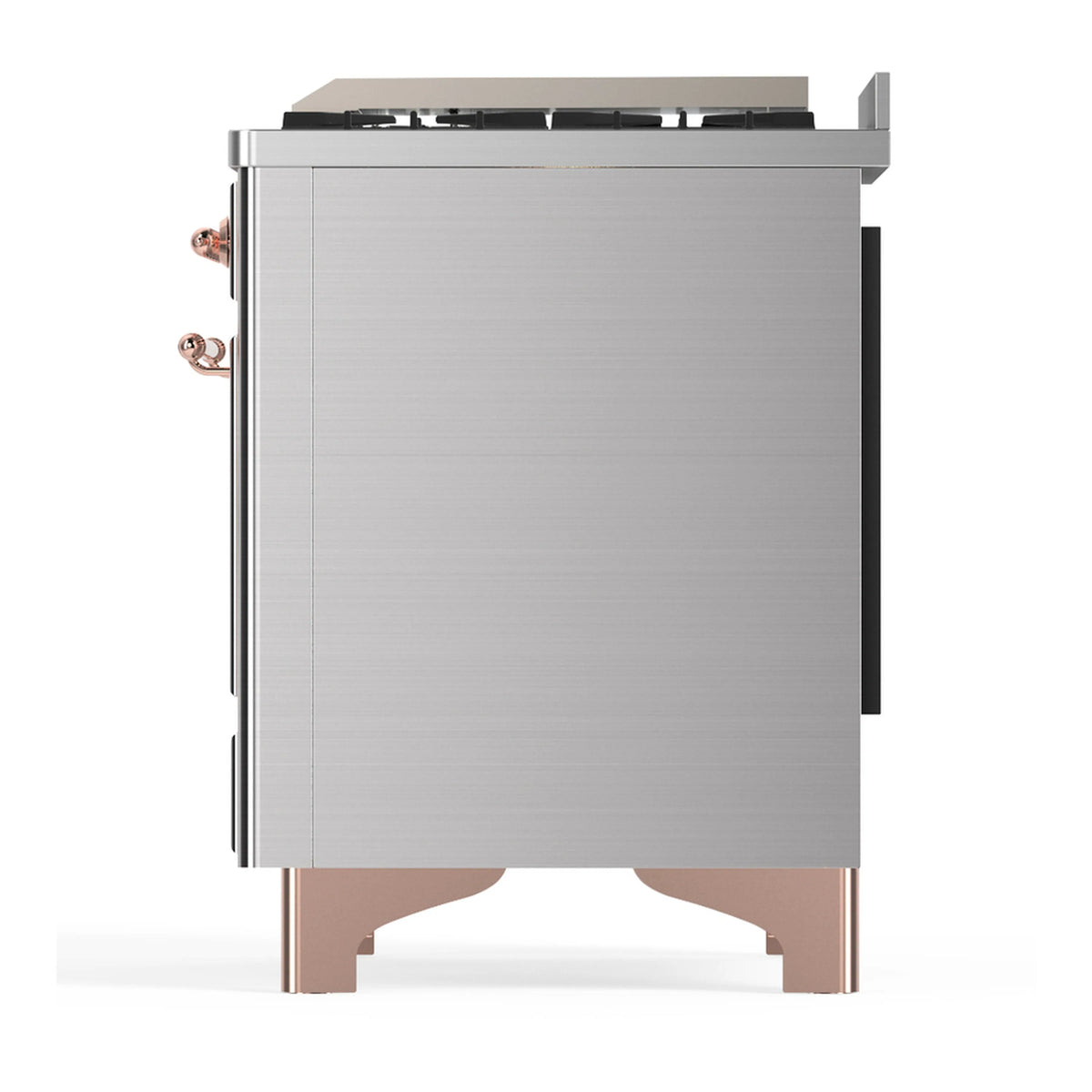 Stainless range back corner with copper trim, side panels and knobs