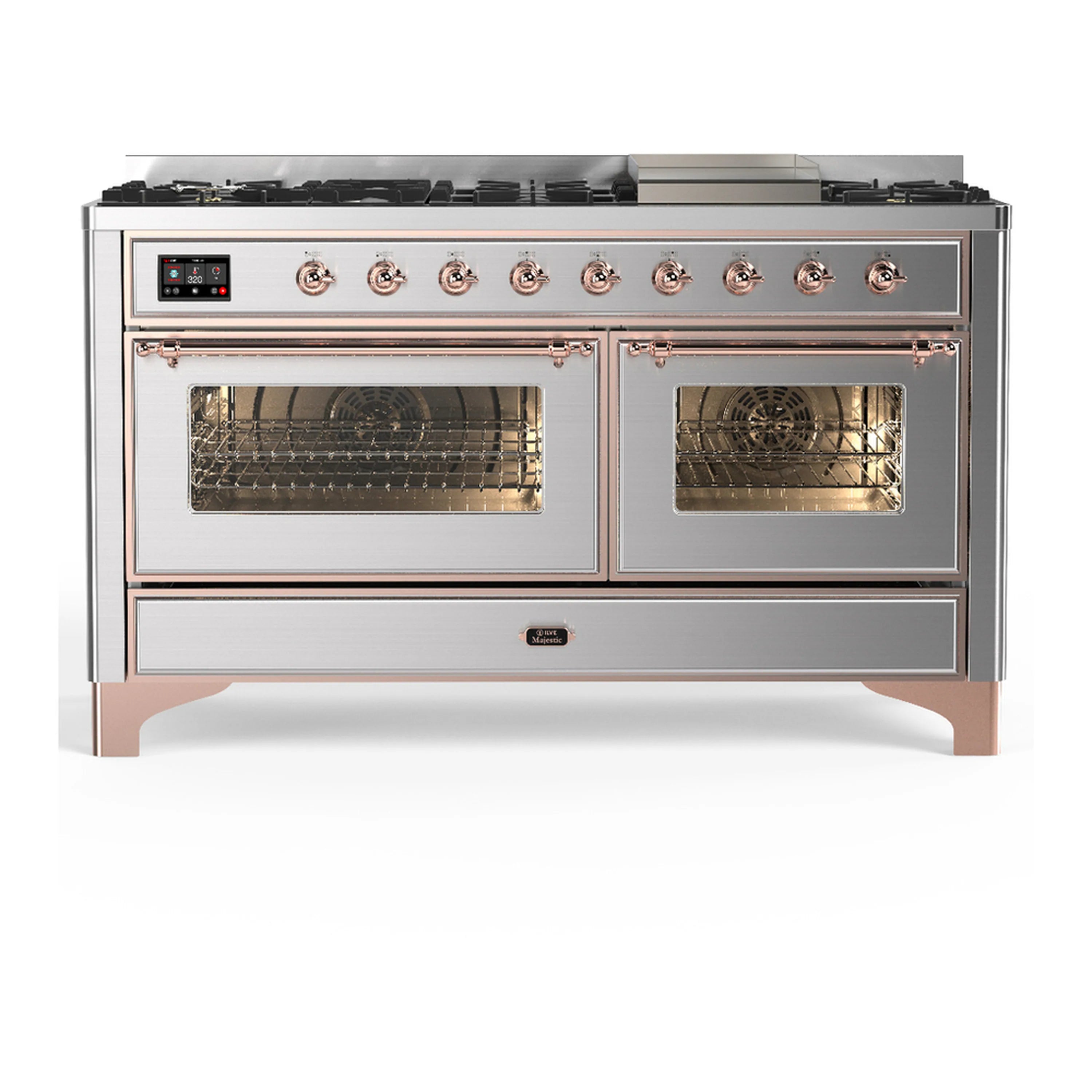 Stainless dual fuel range with two glass oven doors closed and front control panel