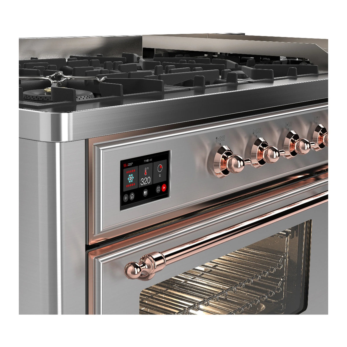 Stainless steel dual fuel range with copper-trim control panel and burner knobs