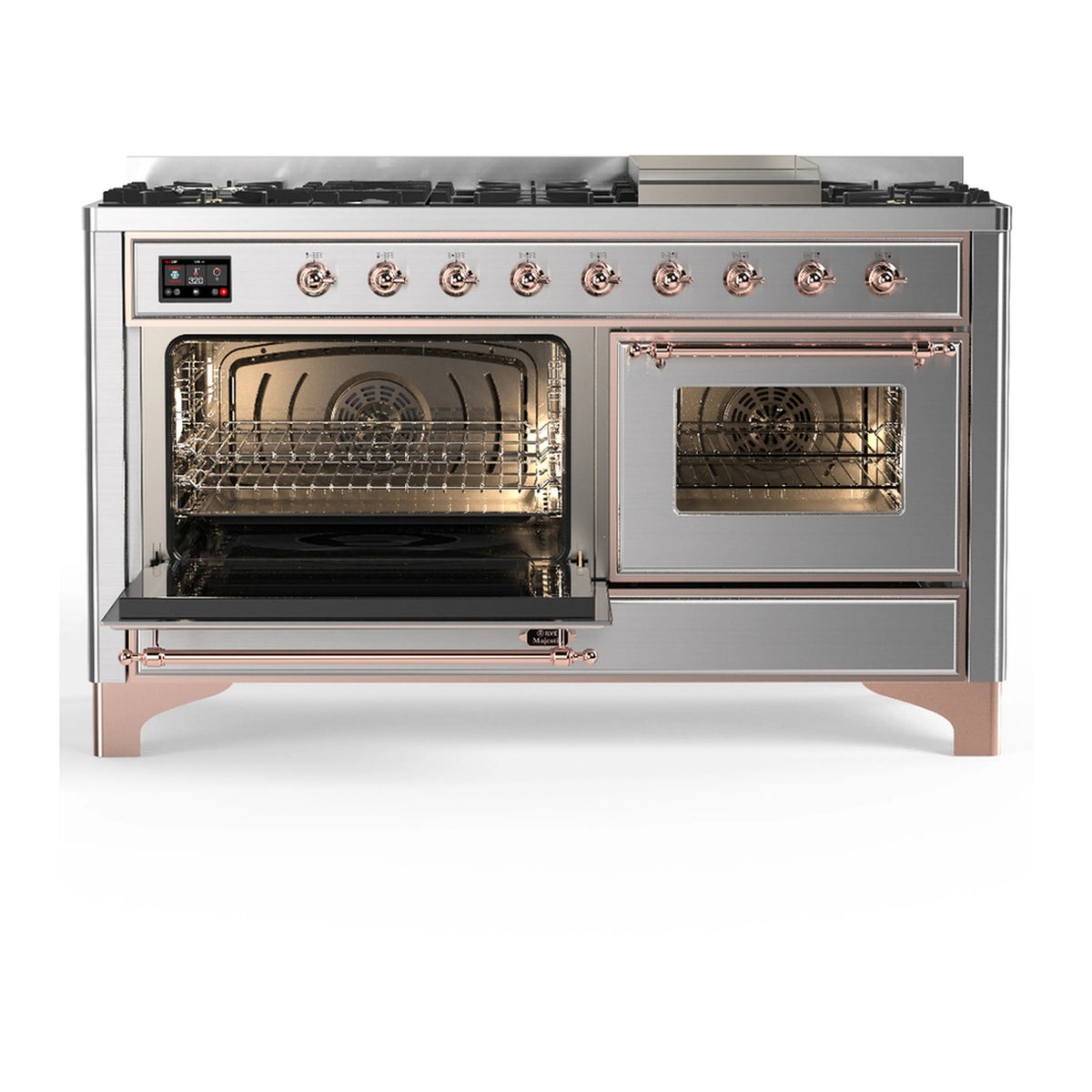 Stainless steel dual fuel range with two open ovens and copper-trim door frames