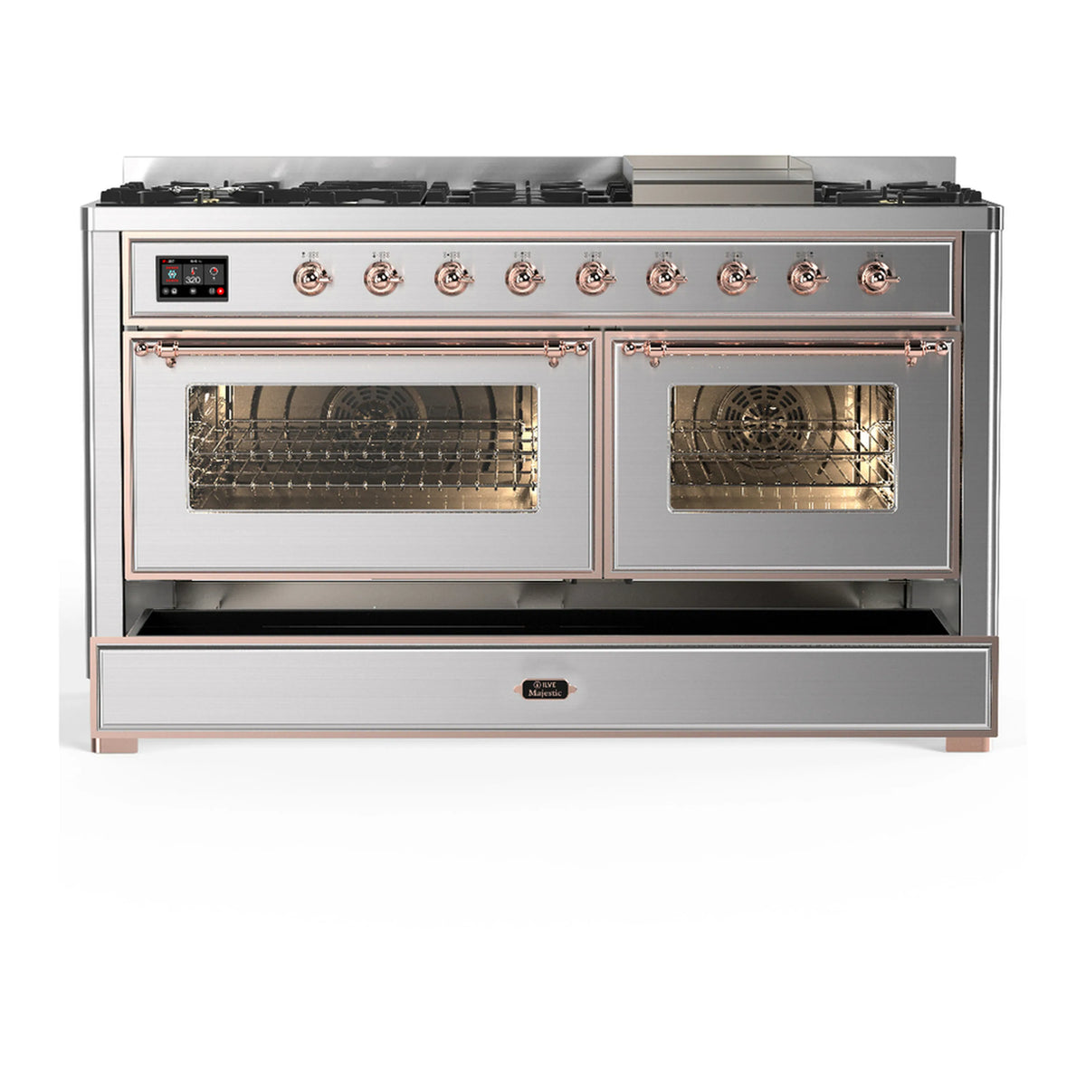 Stainless steel dual fuel range with two oven doors open and glass viewing windows