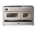 ILVE Majestic III 60-inch Dual Fuel Range with 7 Natural Gas Burner, Griddle and Triple Glass Door Electric Oven in Stainless Steel with Copper Trim (UM60FNR3SSP)