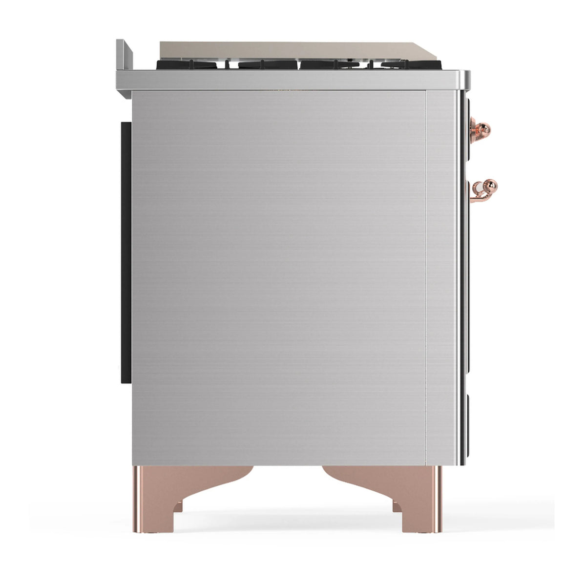 Stainless steel dual fuel range side panel with copper corner supports