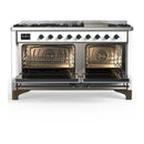 ILVE Majestic III 60-inch Dual Fuel Range with 5 Liquid Propane Burner, Griddle and Triple Glass Door Electric Oven in White with Burnished Trim (UM60FNR3WHBLP)