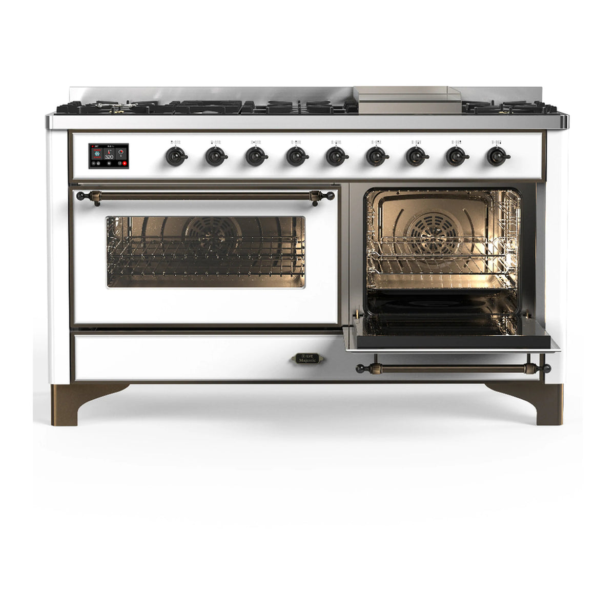 White dual fuel range with one oven open, another closed glass door, and burner control knobs