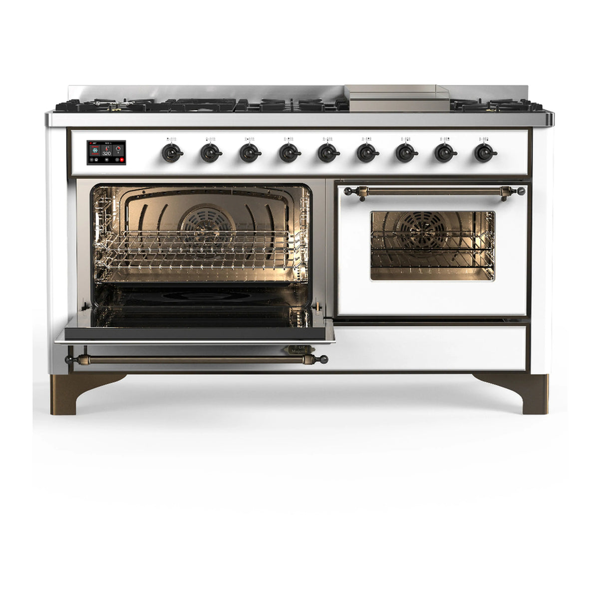 White dual fuel range with two oven openings, glass doors, and front control panel knobs