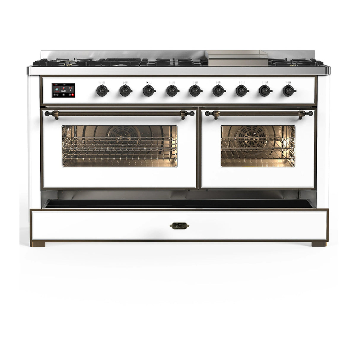 White dual fuel range with two oven doors closed and centered bottom drawer panel