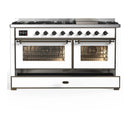ILVE Majestic III 60-inch Dual Fuel Range with 5 Liquid Propane Burner, Griddle and Triple Glass Door Electric Oven in White with Burnished Trim (UM60FNR3WHBLP)