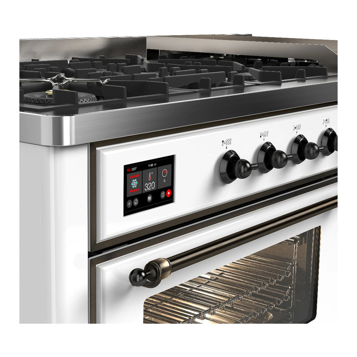 White dual-fuel range control panel with knobs and black burner grates