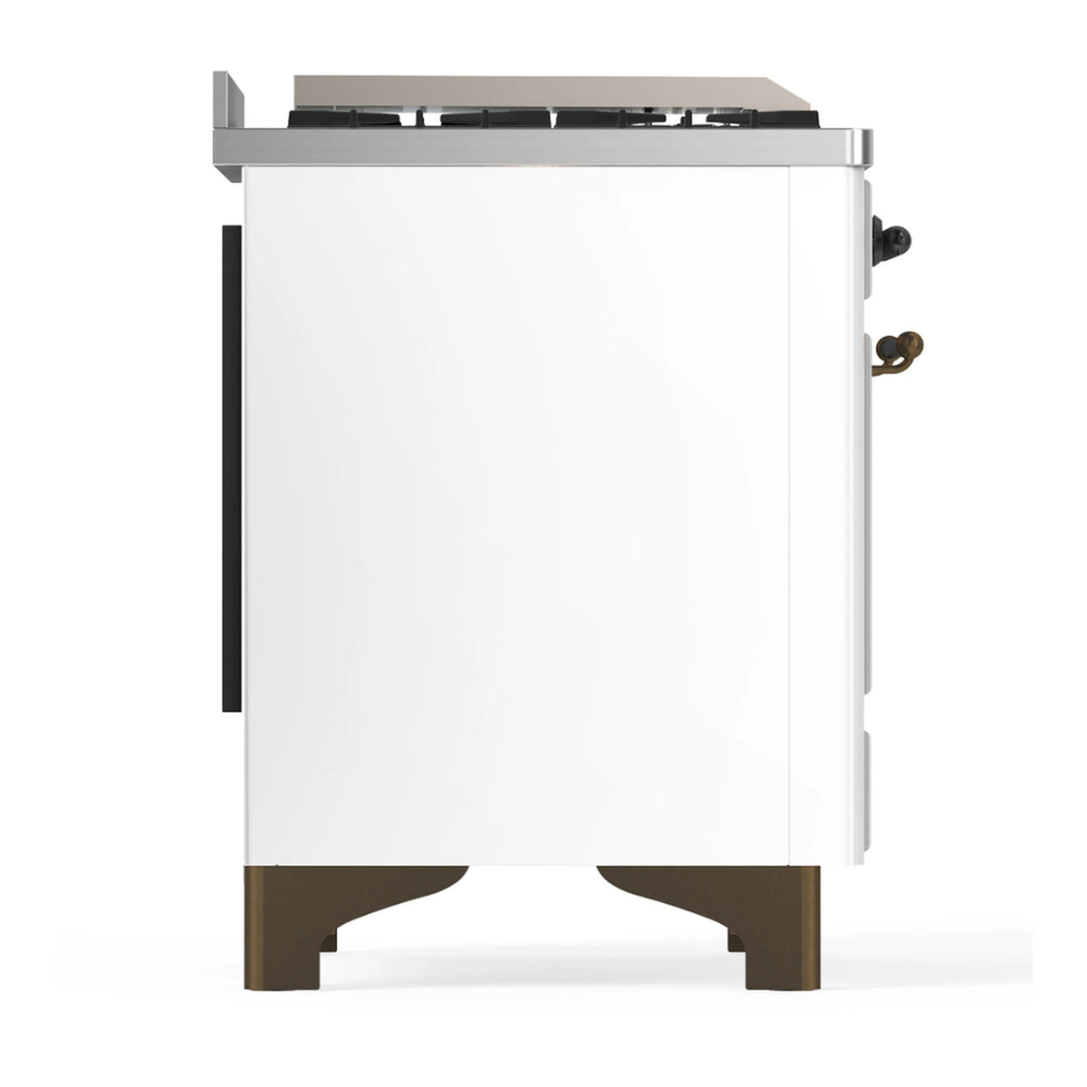 White dual-fuel range side view with brass-trim feet and black side handle