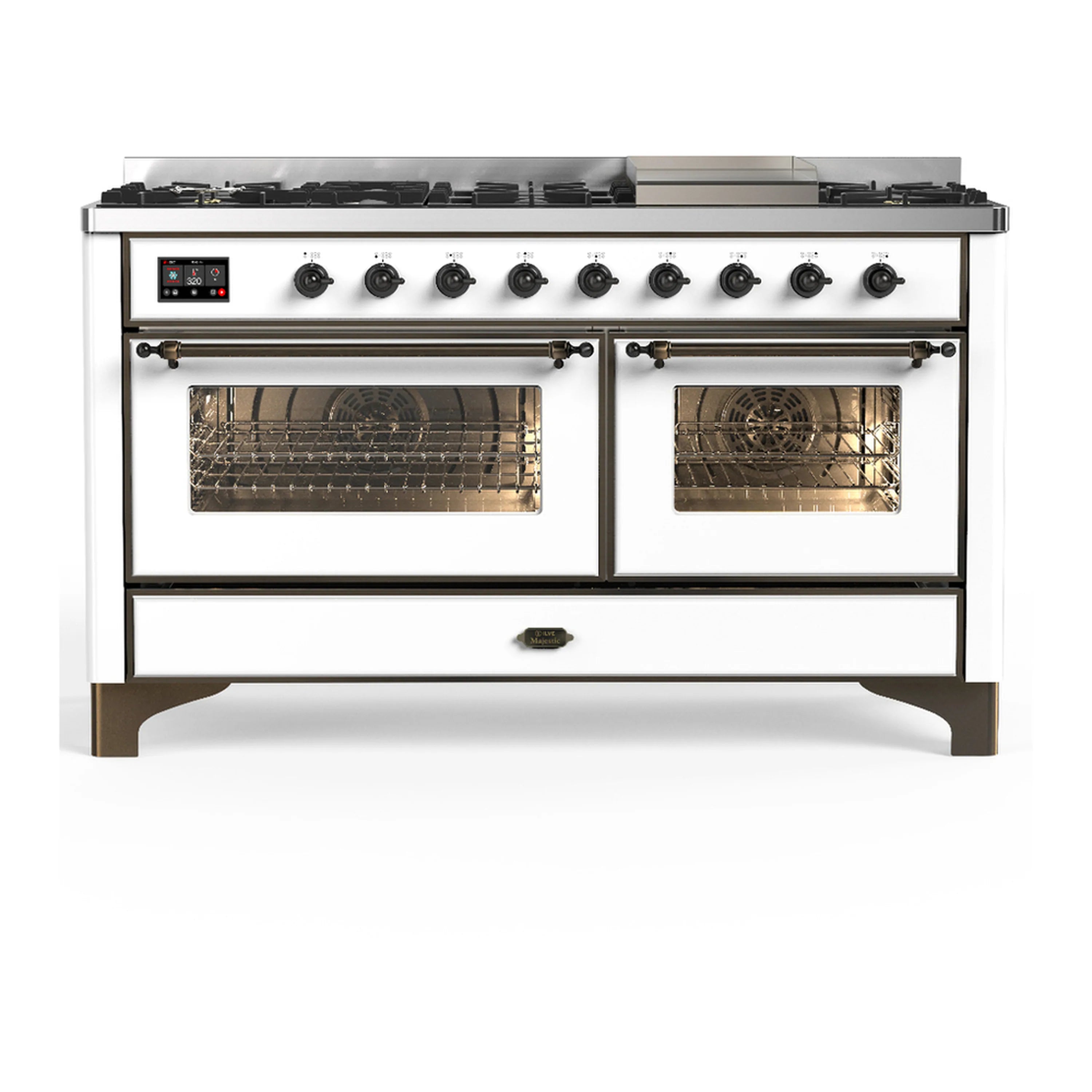 White dual-fuel range front view with closed oven doors and burner control knob panel