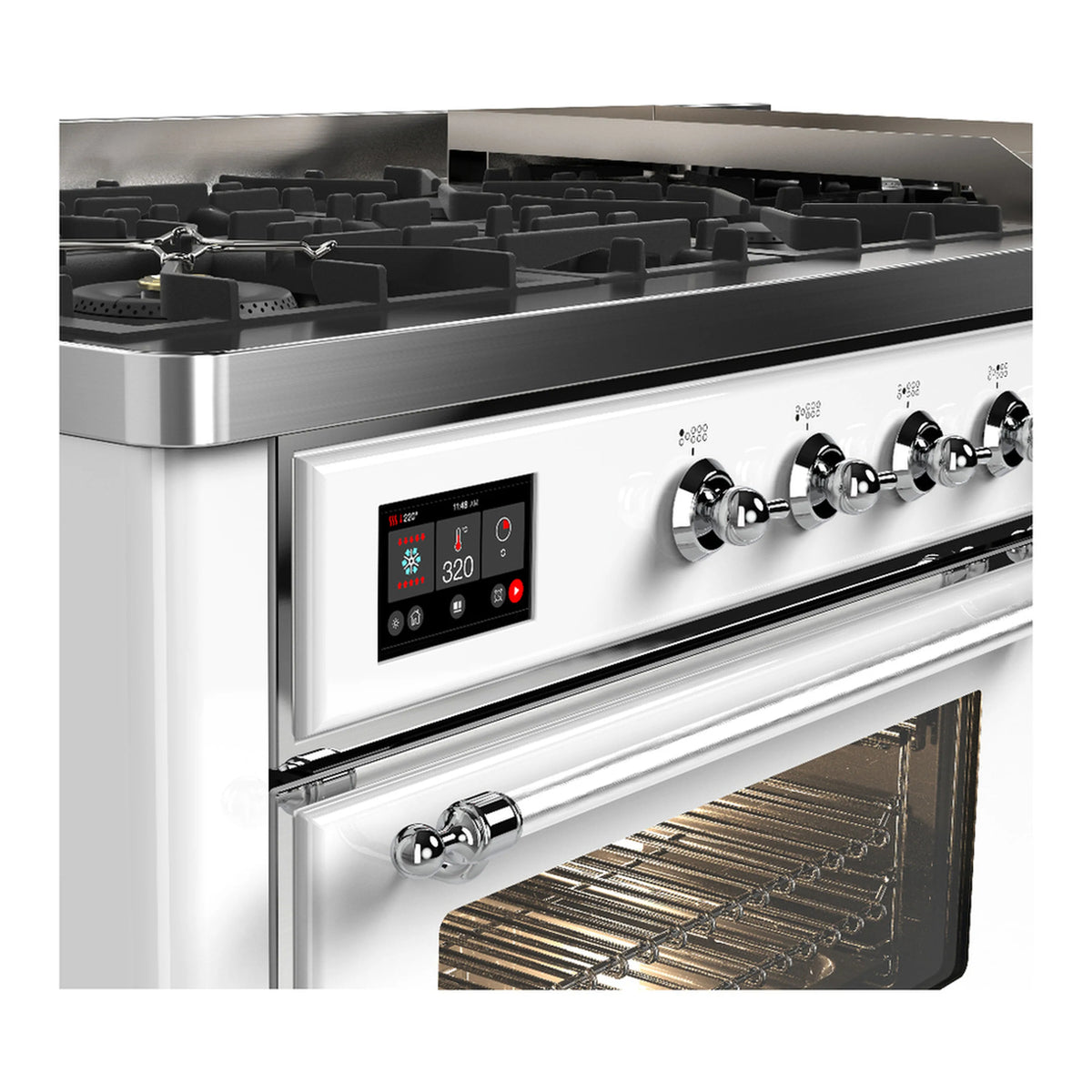 White dual fuel range with black grates, chrome knobs, and oven door window open