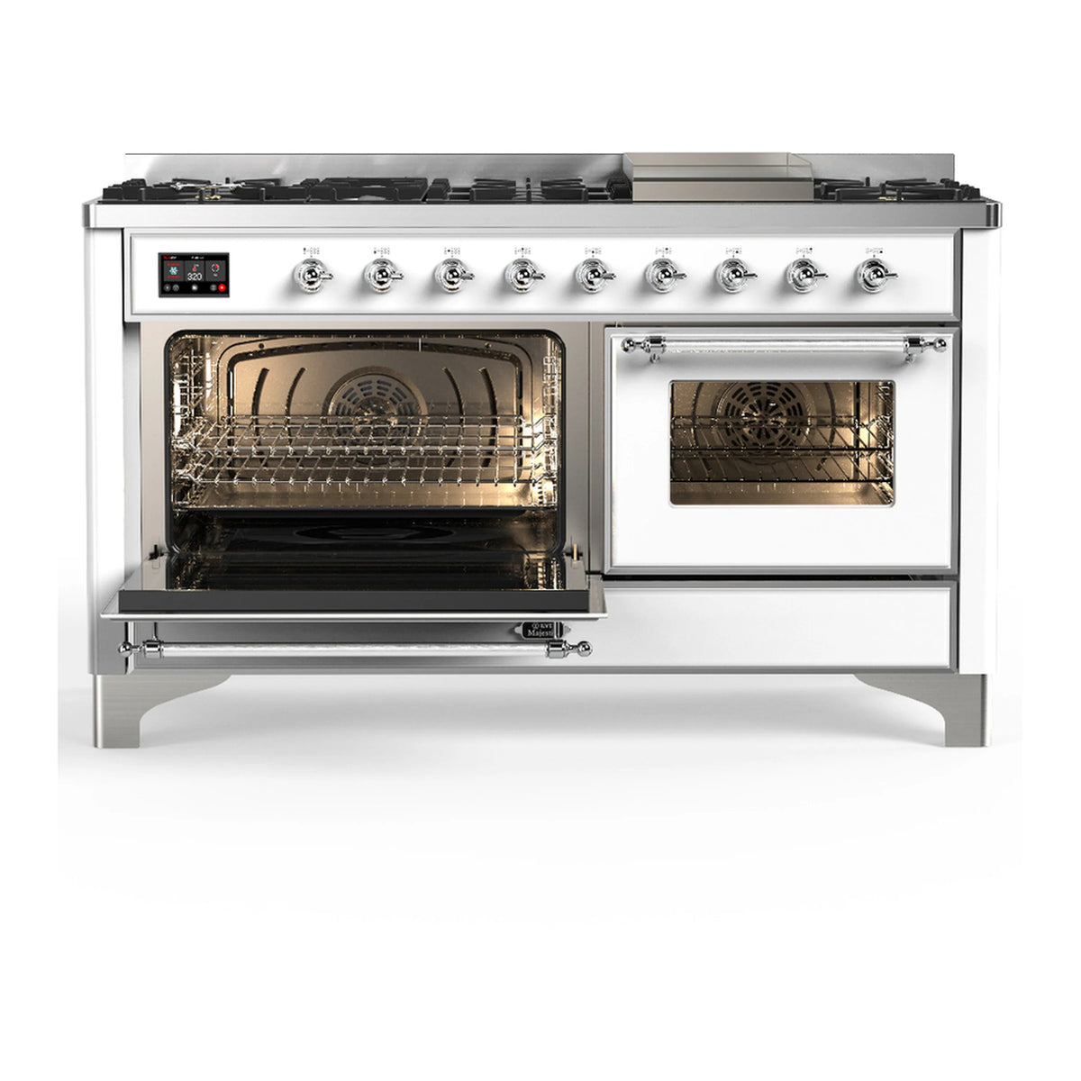 White dual fuel range front with two oven doors open and chrome trim