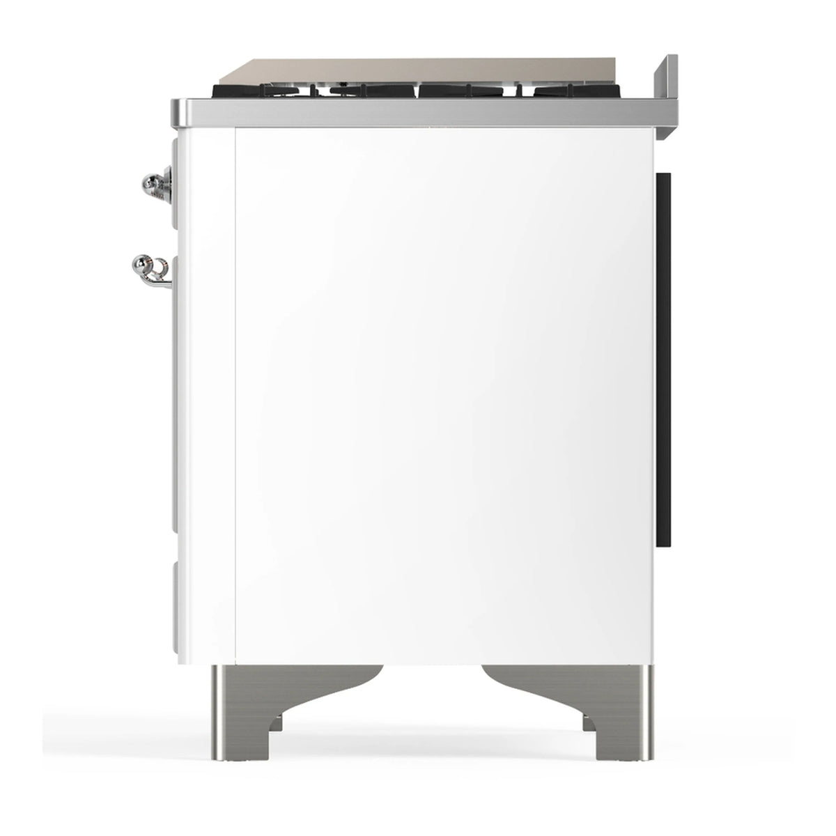 White dual fuel range side view with chrome trim, side handles, and legs