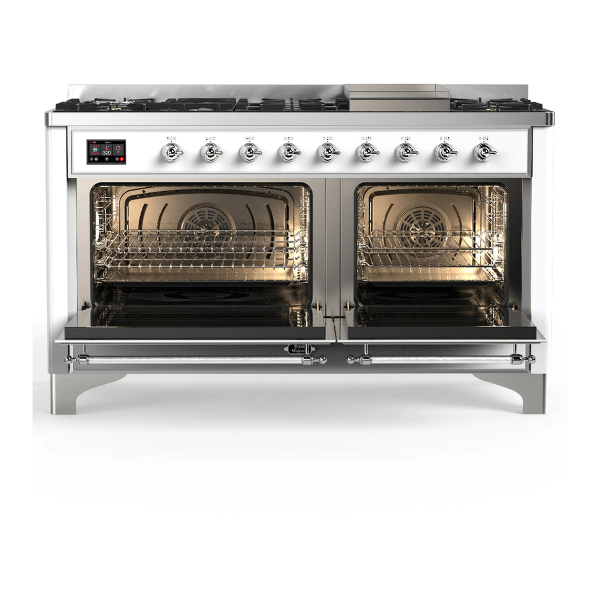White dual fuel range with chrome trim, both oven doors open and burner control knobs