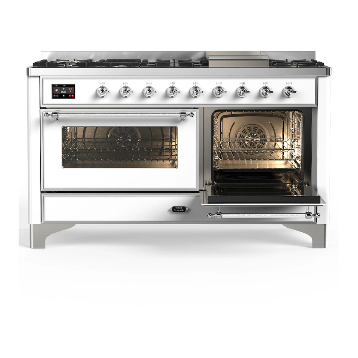 White dual fuel range with chrome trim, left and right oven doors open