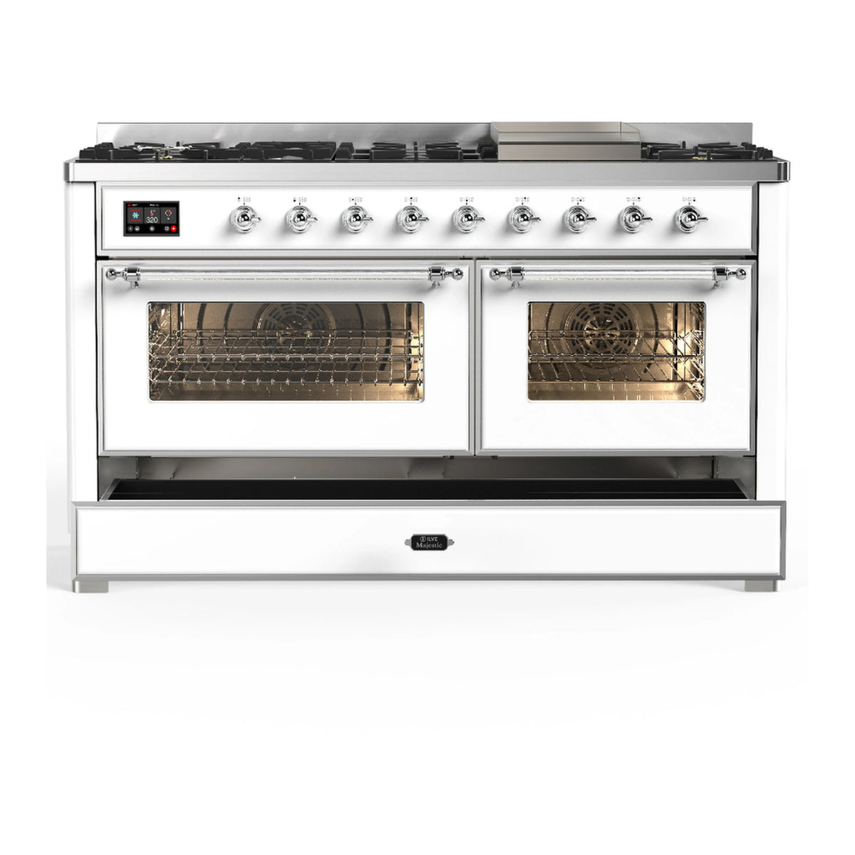 White dual fuel range with chrome trim, both oven doors open and interior racks visible