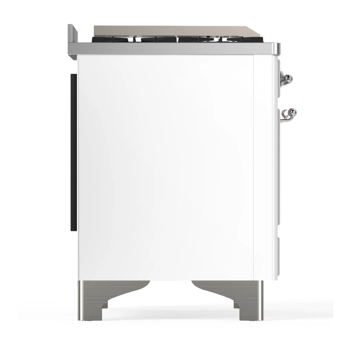 White dual fuel range cabinet side view with chrome base and control knob