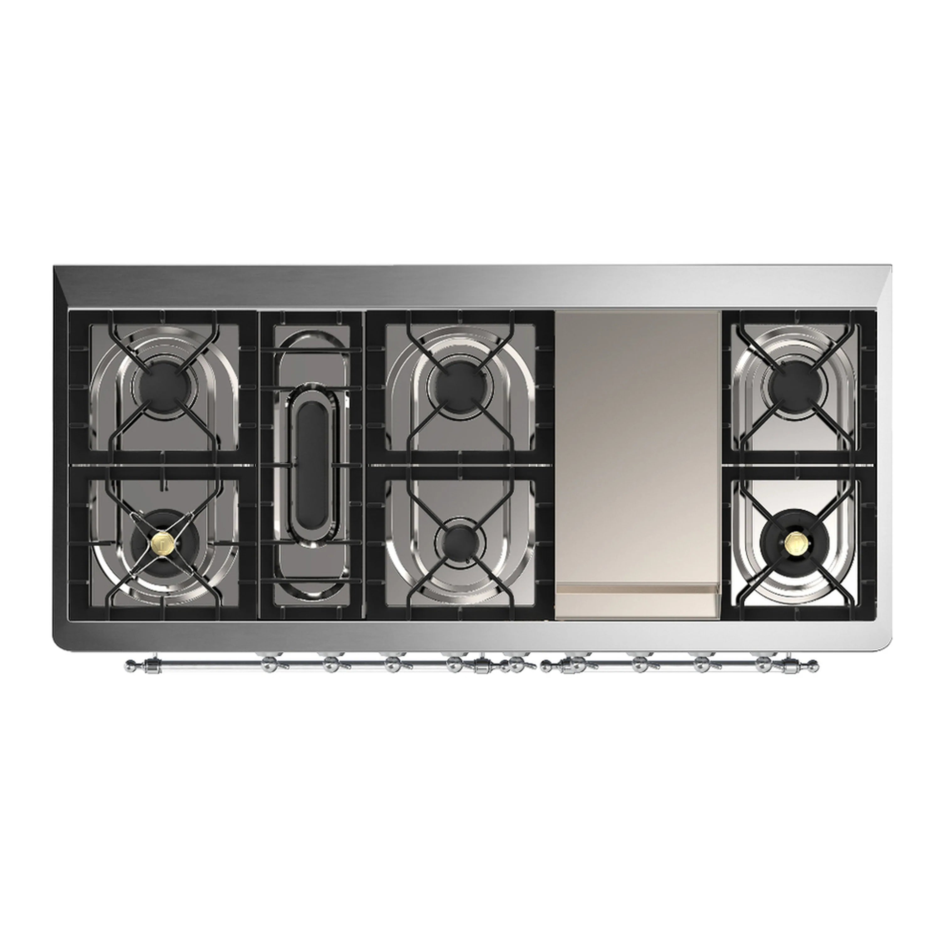 White dual fuel range cooktop underside view with four burners and griddle area