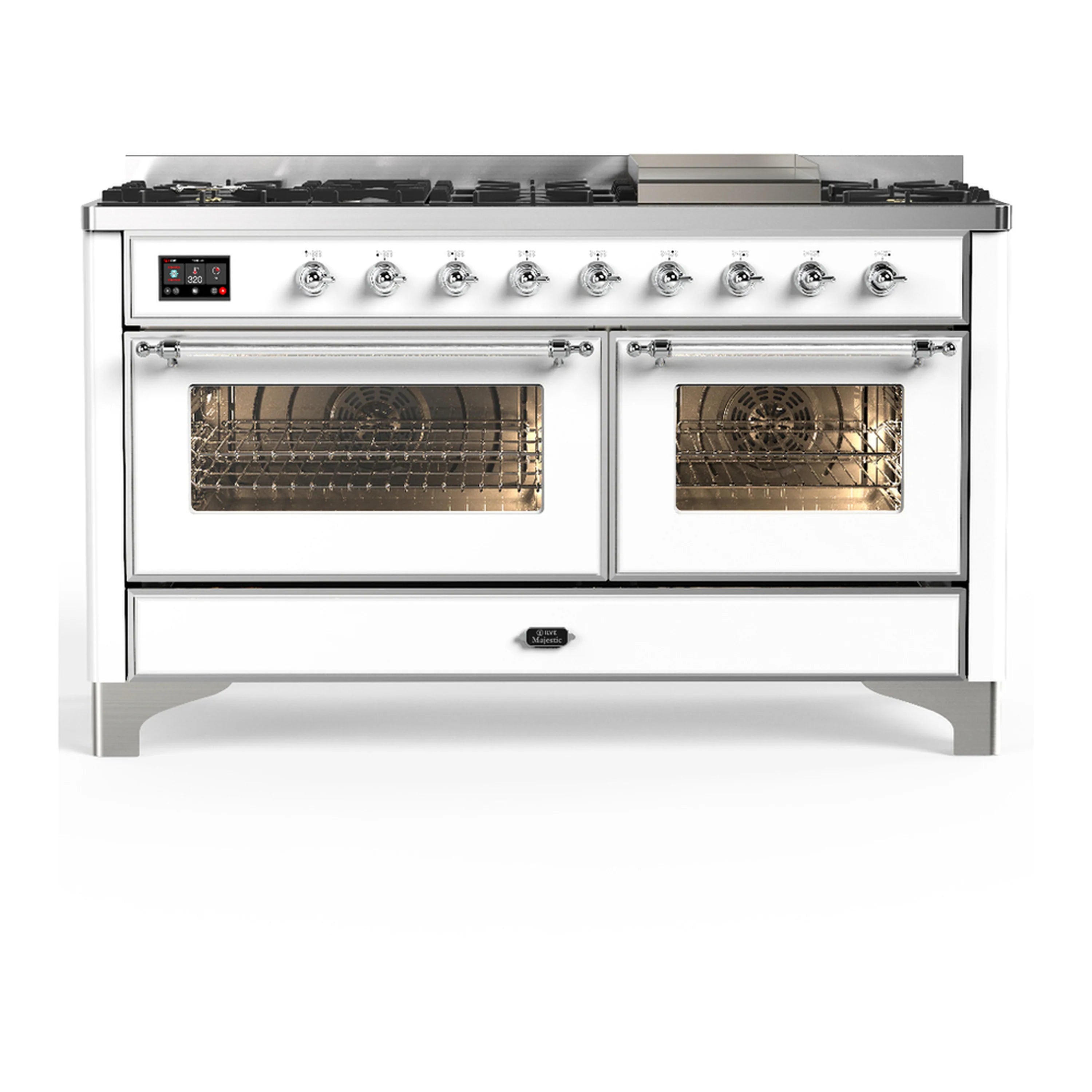 White dual fuel range with chrome trim, both oven doors closed