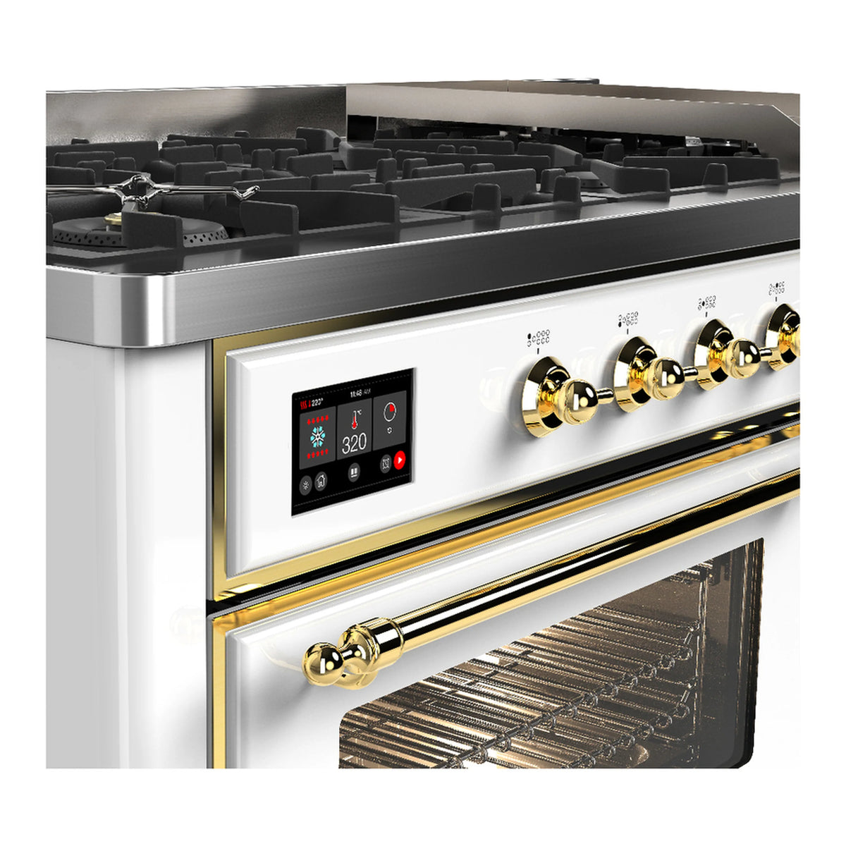 White dual fuel range control panel with brass knobs and open electric oven door